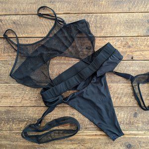 iHeartRaves Black Dangerous Business Thong Fishnet Bodysuit with Harness